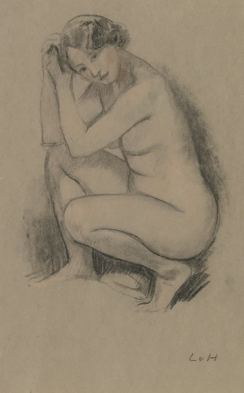 A crouching girl in a natural setting, painted by Ludwig von Hofmann.