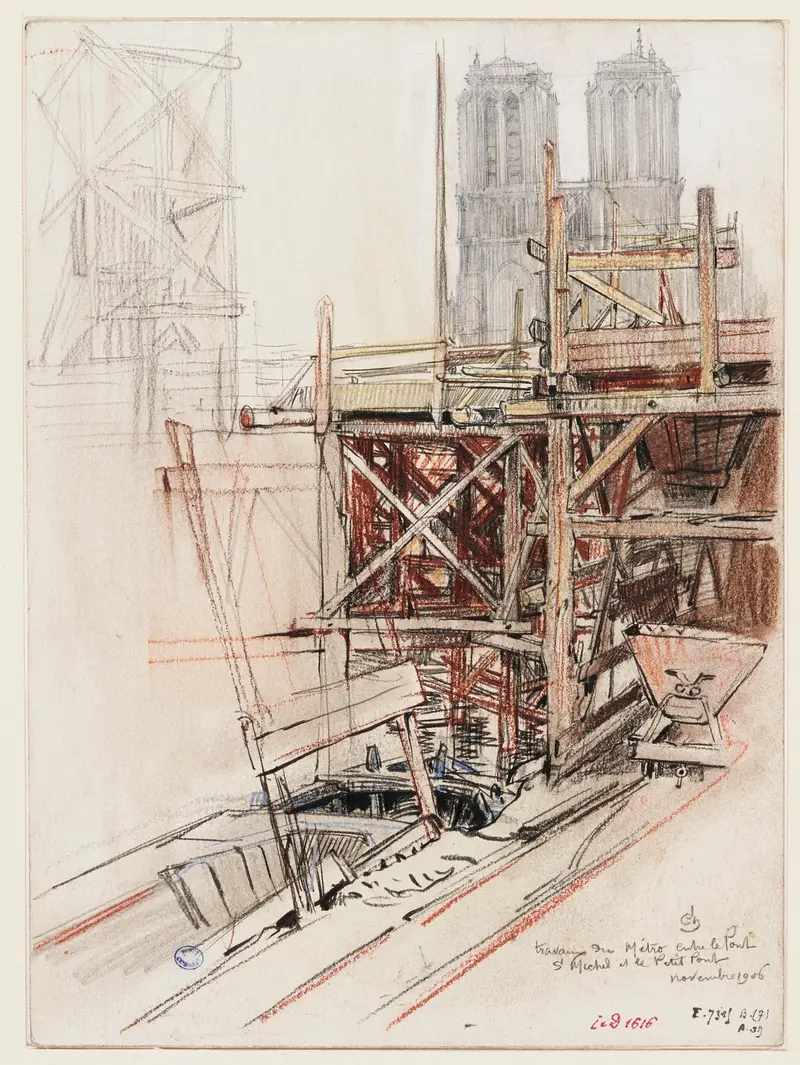 Watercolour by Charles Jouas depicting metro construction between bridges.