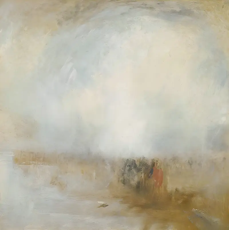 A luminous haze blends sky and ground with blurred figures, including one in red, near water suggested by horizontal strokes.