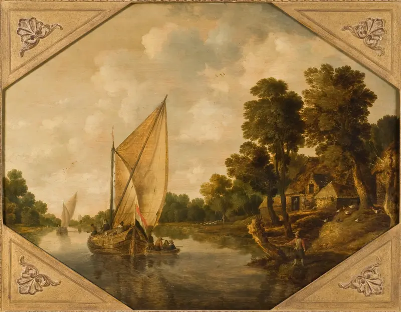 River Landscape by Bonaventura Peeters the Elder, oil painting depicting a tranquil river and nature.