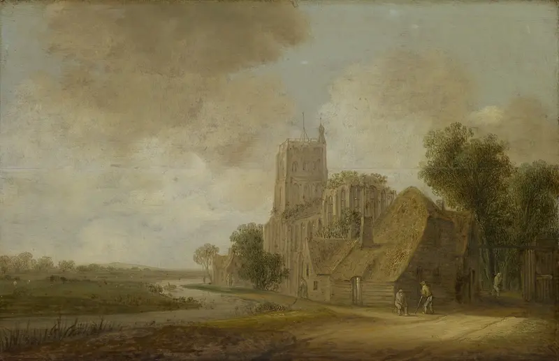 River and Church in ruins, oil on canvas by Wouter Knijff