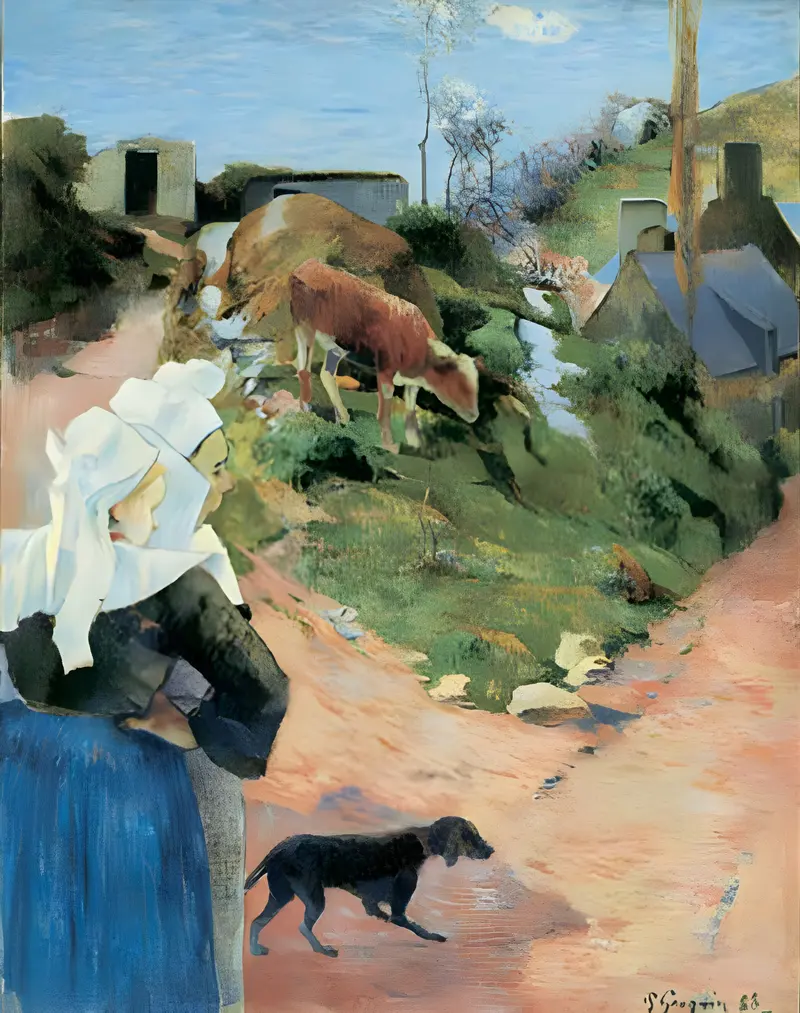A group of Breton women in traditional dress pause at a country road's bend, captured in bold colors and stylized forms.