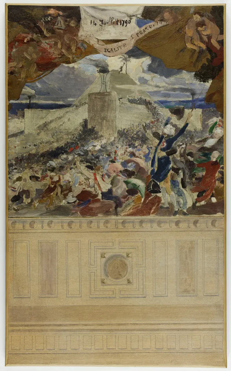 A vibrant crowd with raised arms and tricolor sashes surges toward a central monument, embodying revolutionary fervor.
