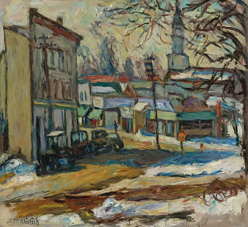 Bridgeport by Abraham Manievich, oil on canvas, vibrant landscape with swirling hues