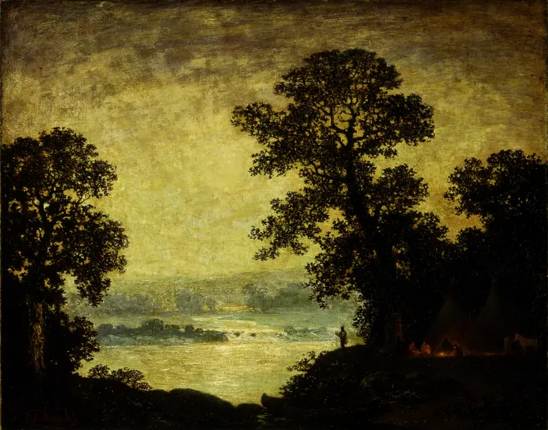 Moonlight, Indian Encampment by Ralph Albert Blakelock, oil on canvas depicting a serene night scene.