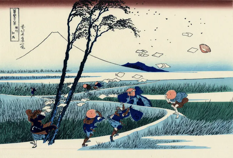 Ukiyo-e by Katsushika Hokusai depicting waves and clouds