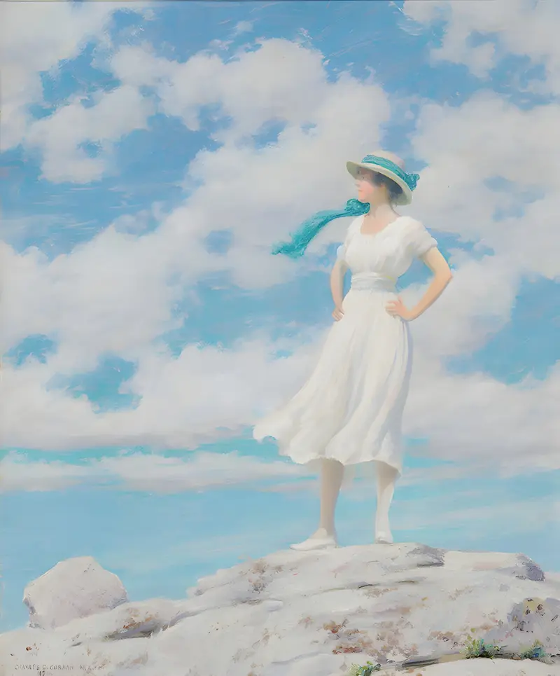 A serene landscape painting by Charles Courtney Curran depicting a bright sky over a summit.
