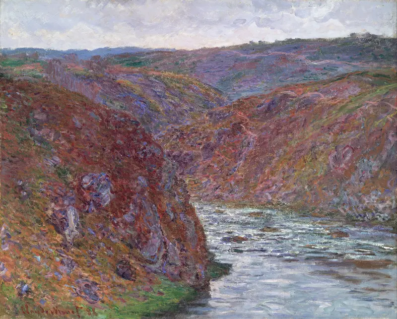 Valley of the Creuse, oil painting by Claude Monet, features swirling clouds and a river.