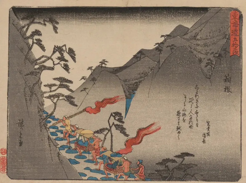 Ukiyo-e by Utagawa Hiroshige depicting travelers on a tree-lined path