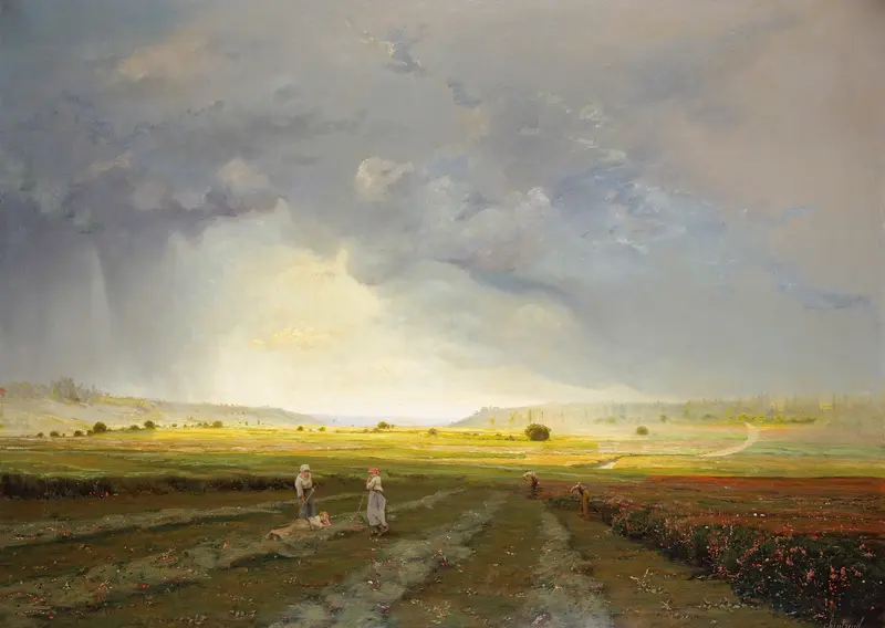 The Rain Shower, oil on canvas by Antoine Chintreuil, depicting a landscape with rain and light through foliage.