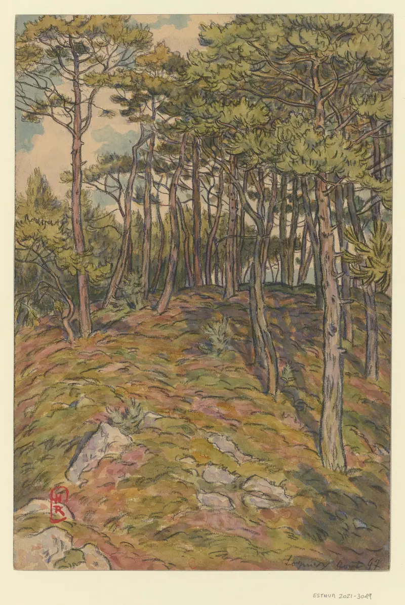 Watercolour by Henri Rivière depicting swirling waves and horizon in blue and green tones