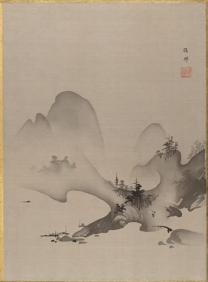 Lake and Mountains by Hashimoto Gahō, ink on paper, depicting a tranquil lake and distant mountains