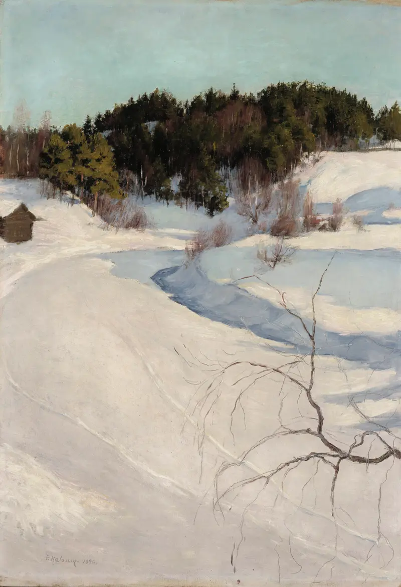 Winter Landscape, Myllykylä by Pekka Halonen, oil on canvas depicting a tranquil snowy village