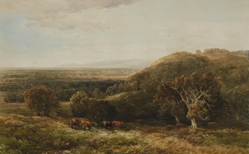 Near Richmond, Yorkshire by Edmund Morison Wimperis, oil on canvas depicting hills and golden light at sunset.
