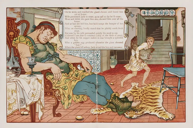 Walter Crane's 'Jack and the bean-stalk Pl.5' features vibrant colors and whimsical characters.