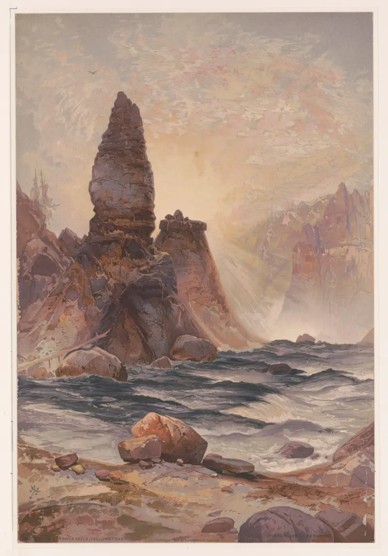 The Towers of Tower Falls, oil on canvas by Thomas Moran, depicting a waterfall and mountains.