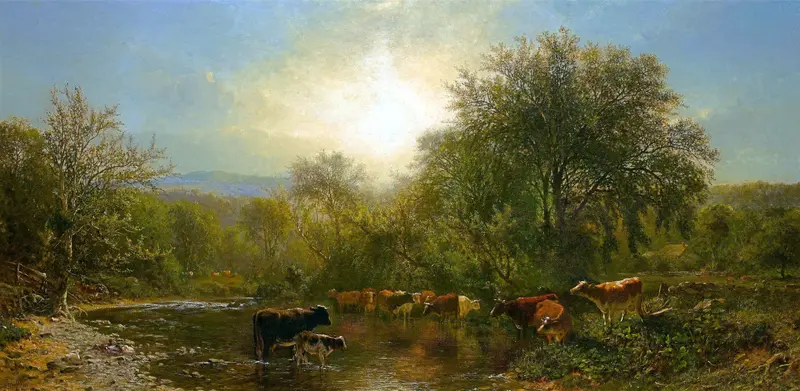 Cows Watering by James McDougal Hart, oil painting depicting cows by a stream
