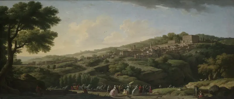 Villa at Caprarola by Claude-Joseph Vernet, Rococo oil painting of a grand villa in golden light