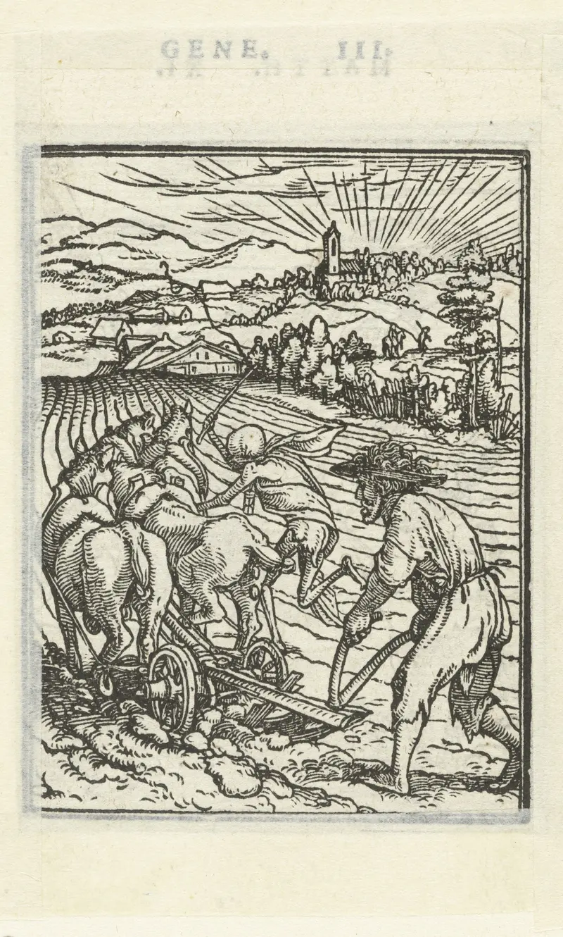 Figurative drawing on paper by Hans Holbein depicting a farmer and death.