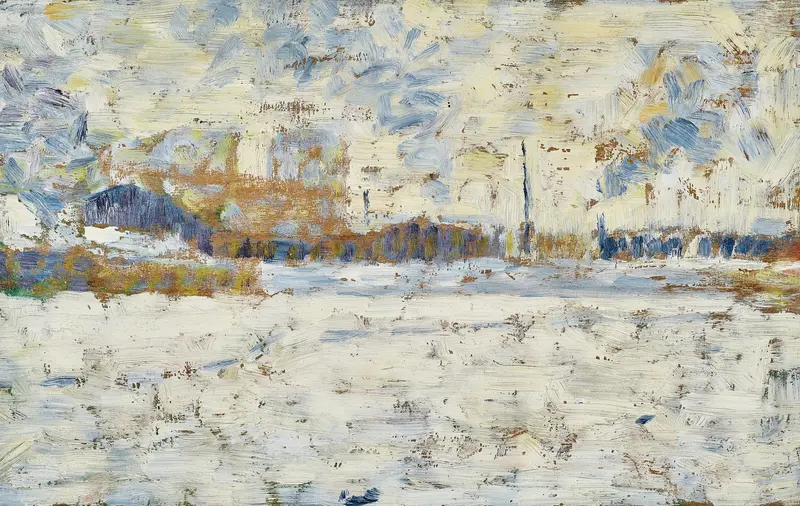 Hiver en banlieue by Georges Seurat, oil painting depicting a winter street scene.