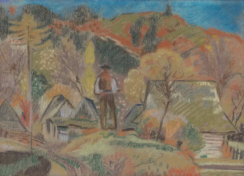 A lone figure stands with hands clasped, overlooking a village with peaked rooftops and vibrant autumn trees under a clear blue sky.