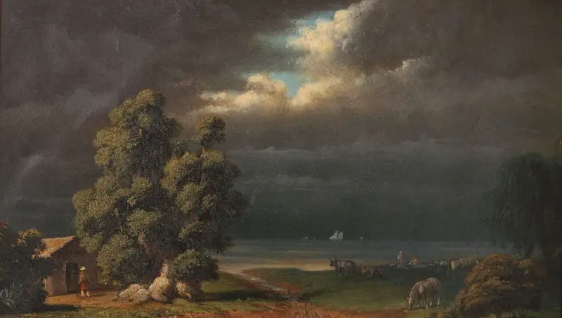 Costa del Rio de la Plata oil painting by Prilidiano Pueyrredòn depicting a river and lush vegetation.