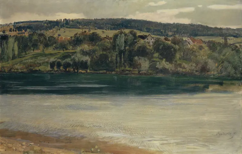 Landscape at dusk featuring the Rhine river, oil painting by Hans Sandreuter