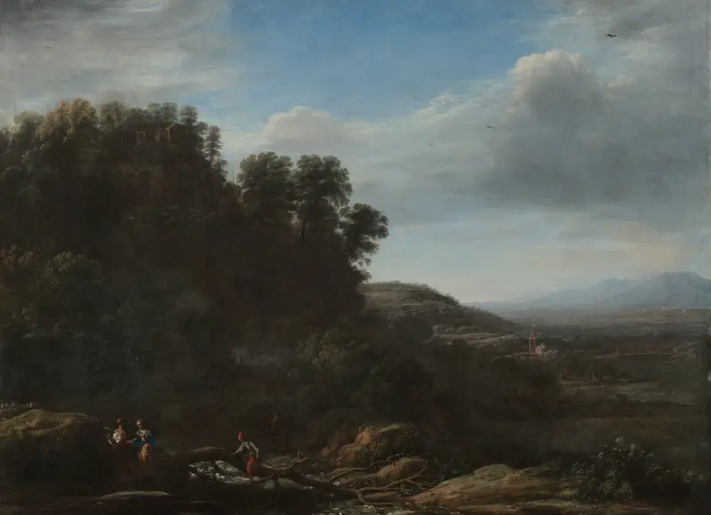 Italian Landscape by Claude Lorrain, oil painting depicting a serene river and rolling hills.