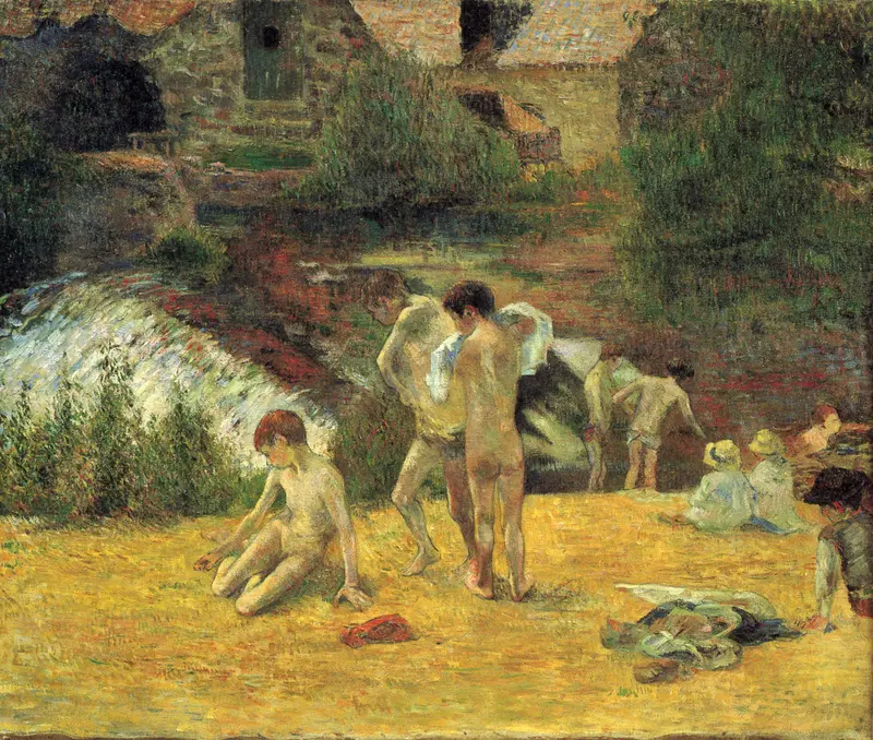 A group of boys playing in the water beside a rustic mill in Brittany.