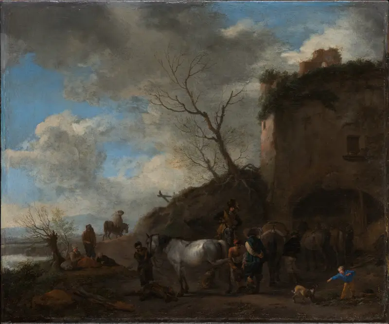 Riders at a Blacksmith’s, oil on canvas by Philips Wouwerman, featuring horsemen and a blacksmith.