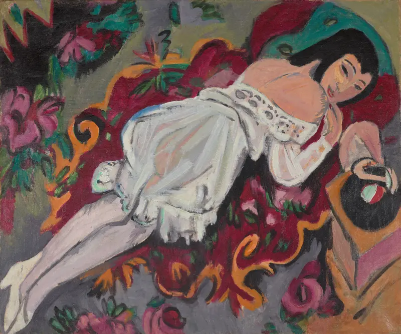 A young woman in a white chemise reclines against a vibrant background of swirling colors.