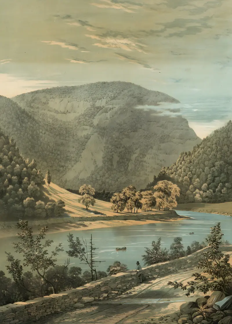 Delaware Water Gap oil painting by James Fuller Queen showing cliffs and a river.