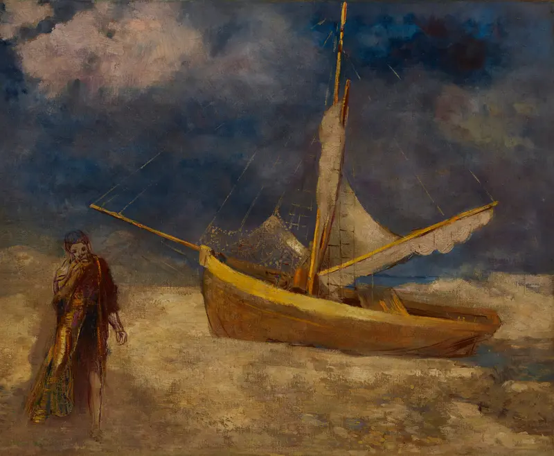 Le pêcheur aliéné by Odilon Redon, figurative oil painting of a ghostly fisherman amidst darkness.