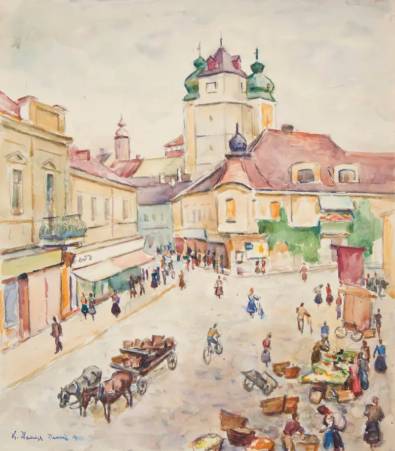 Vibrant cityscape in oil on canvas by Ivan Ivanec depicting Trenczyn.