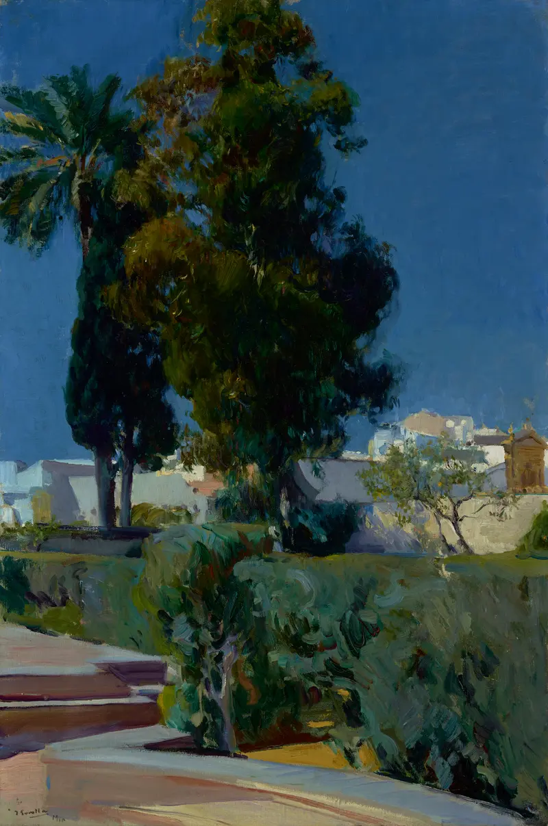A sunlit garden corner with pale stone steps, dense green hedge, slender and tall trees, and a bright blue sky above.