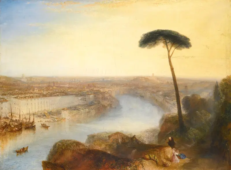 A breathtaking view of Rome at dawn from Mount Aventine, capturing the Tiber River and St. Peter's Basilica in a dreamlike haze.