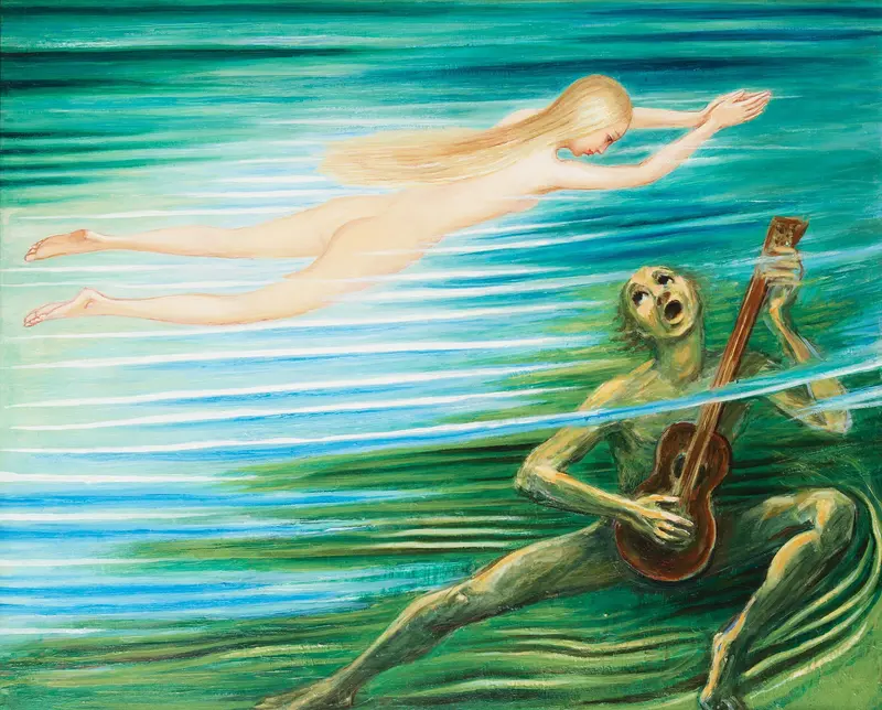 A depiction of the Näcken, a water spirit, sitting on a riverbank with a violin, surrounded by an eerie moonlit atmosphere.
