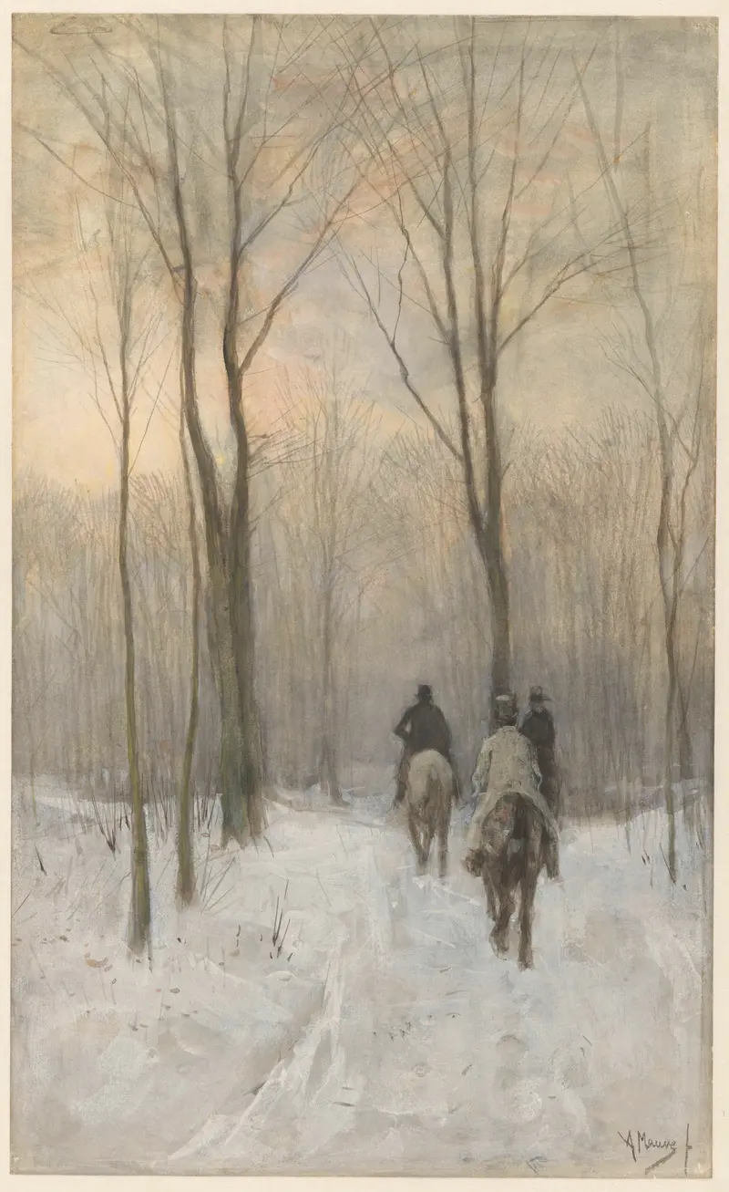 Riders in the Snow in the Haagse Bos by Anton Mauve, oil on canvas, depicting horses in a snowy forest.