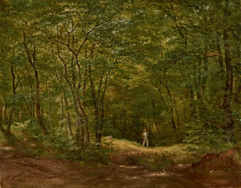 Forest landscape with a path and figures, by Friedrich Loos, medium unknown