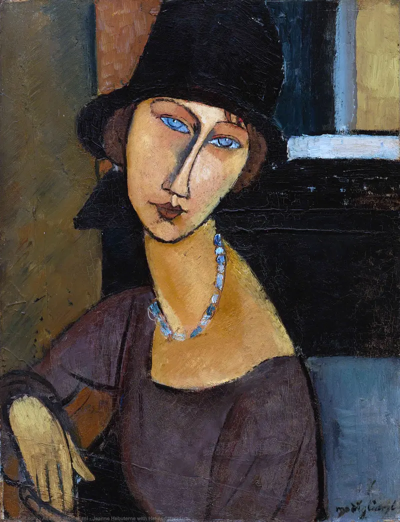A young woman with light blue eyes wears a wide-brimmed black hat and a pale blue bead necklace, seated against a multicolored abstract background.
