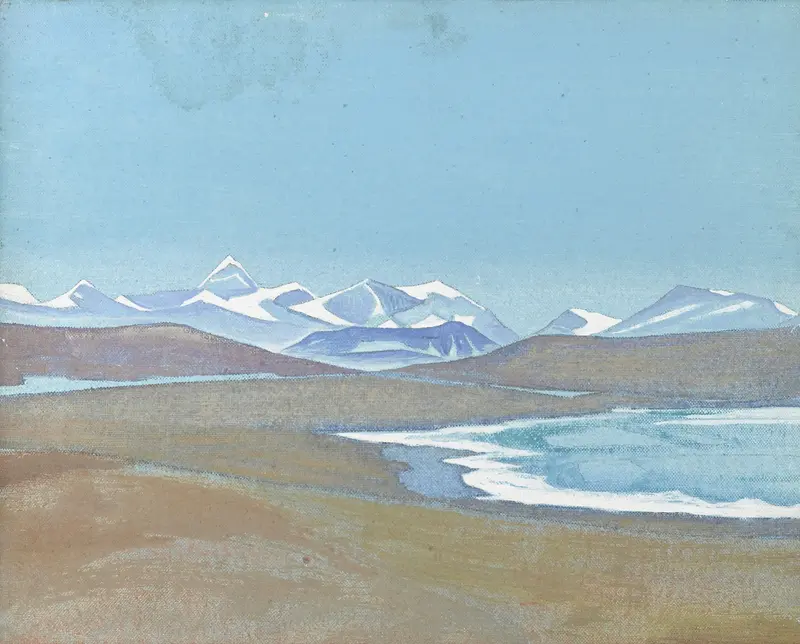 Himalayas from Ting-kye Dzong by Nicholas Roerich, oil on canvas depicting majestic mountains and serene sky.