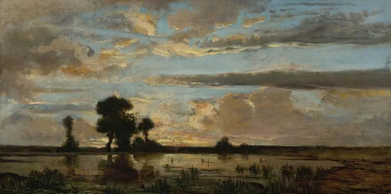 Soleil Couchant by Théodore Rousseau, oil on canvas depicting a sunset landscape.