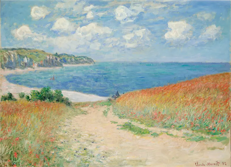 A sandy path winds through golden wheat fields dotted with red wildflowers, leading to a calm sea under a sky filled with swirling clouds.