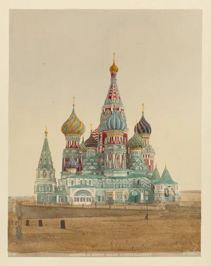 Tserkov’ Vasiliia Blazhennago by J. Daziaro, oil painting depicting a church with domes and vibrant light.
