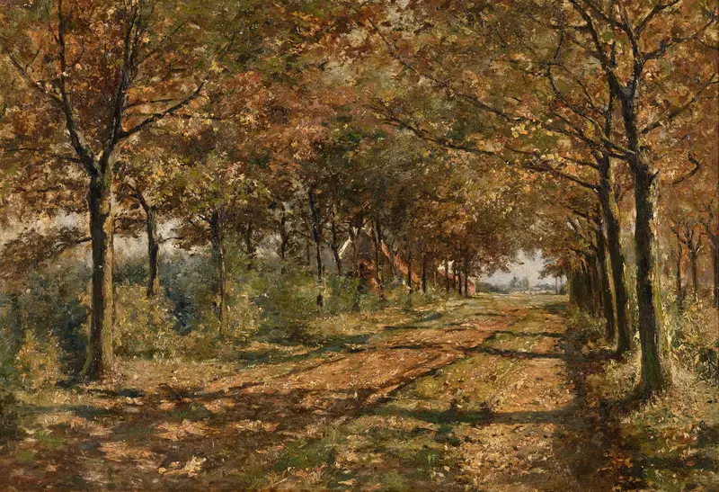 Landscape oil painting by Frans Simons featuring a sunlit path and soft hues.