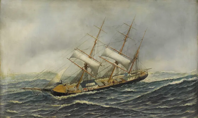 A sailing ship heeling dramatically in a restless sea under a pale sky.