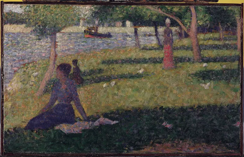 Étude pour ‘La Grande Jatte’ by Georges Seurat, oil on canvas depicting figures by the Seine.