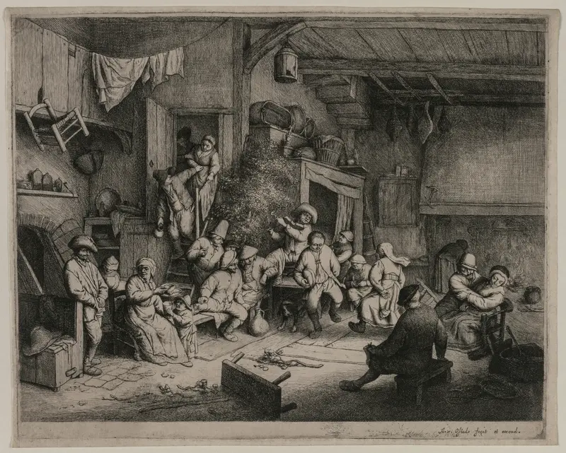 Etching by Adriaen van Ostade depicting figures dancing in a rustic inn
