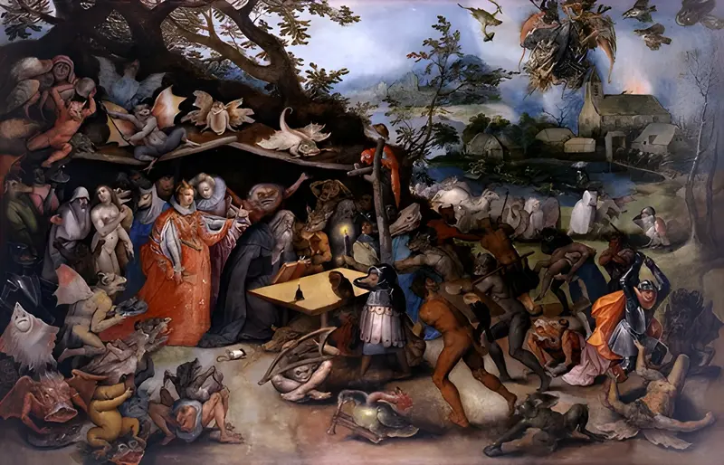 A detailed depiction of Saint Anthony resisting temptation in a surreal landscape.