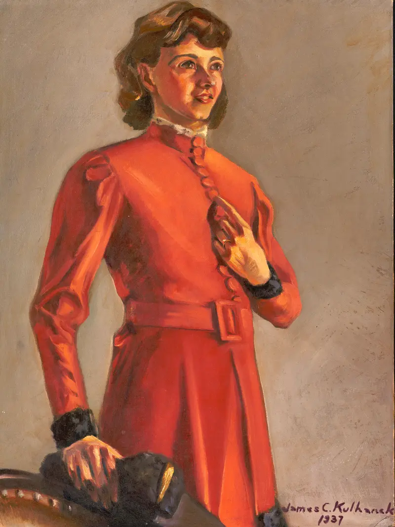 This painting depicts a woman in a thoughtful pose, showcasing intricate details and vibrant colors.